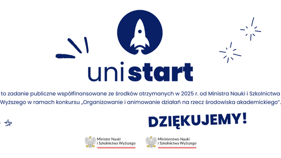 Grafika prezentuje logo UniSTART wraz z podziękowaniami dla Ministerstwa