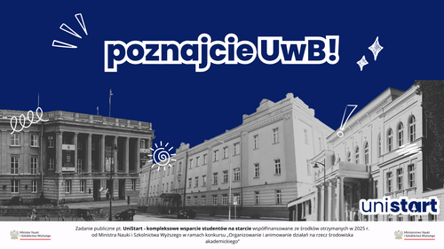 Zdjęcie przedstawiające kilka wydziałów uniwersytetu, nad którymi znajduje się napis &#34;Poznajcie UwB&#34;
