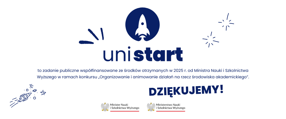 Grafika prezentuje logo UniSTART wraz z podziękowaniami dla Ministerstwa
